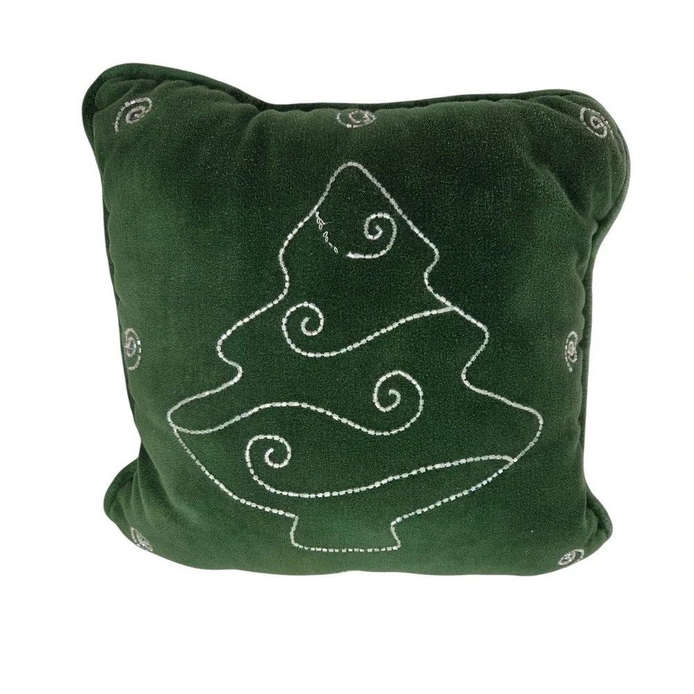 Green Velvet Christmas Tree Beaded Throw Pillow Holiday Decor 12x12